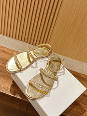 DIOR TWO-STRAP RHINESTONE SANDALS IN GOLD LAMBSKIN