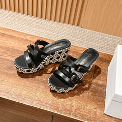 ATTITUDE WEDGE SLIDE 90MM IN BLACK ADJUSTABLE STRAPS CALFSKIN CANVAS SOLE