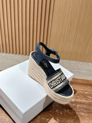 DWAY WEDGE SANDAL IN DEEP BLUE EMBROIDERED COTTON RAFFIA SOLE