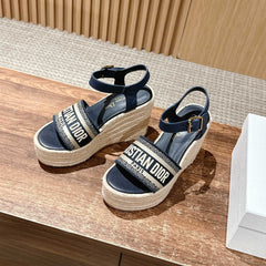 DWAY WEDGE SANDAL IN DEEP BLUE EMBROIDERED COTTON RAFFIA SOLE