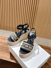 DWAY WEDGE SANDAL IN DEEP BLUE EMBROIDERED COTTON RAFFIA SOLE