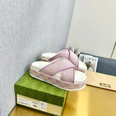 GG SLIDE SANDAL PASTEL PINK CANVAS CROSS STRAPS