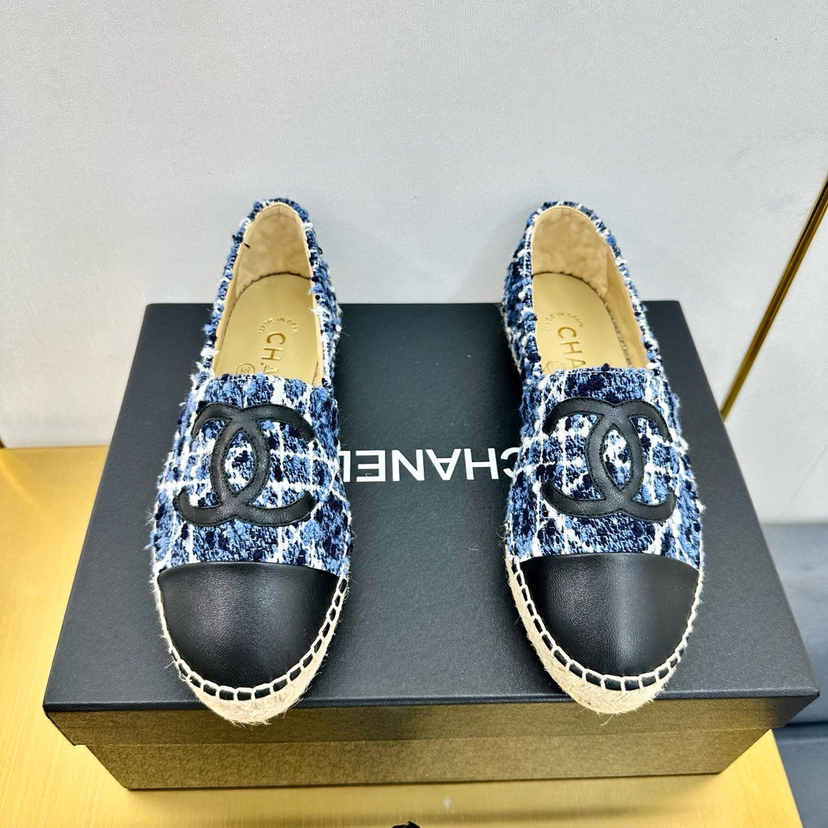 CC ESPADRILLES PLATFORM 25S IN BLUE TWEED MIX BLACK CALFSKIN