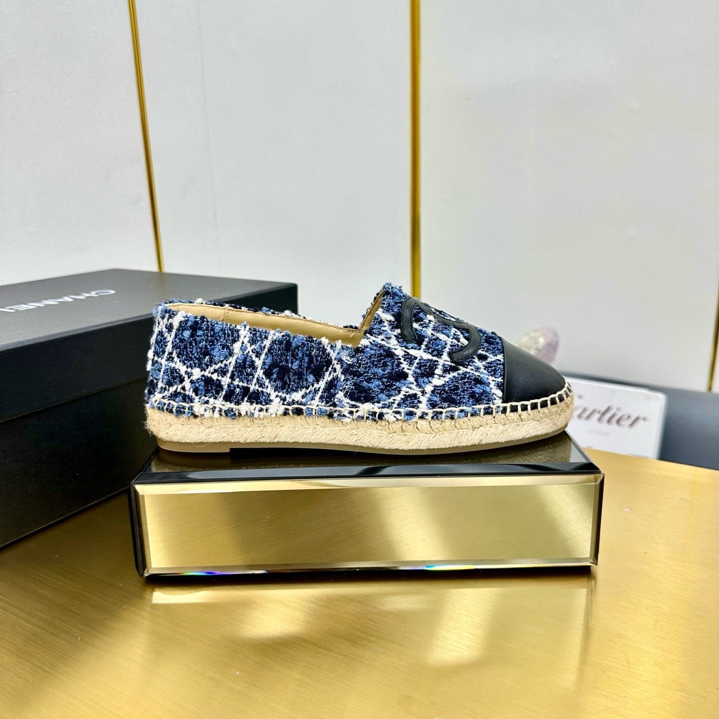 CC ESPADRILLES PLATFORM 25S IN BLUE TWEED MIX BLACK CALFSKIN