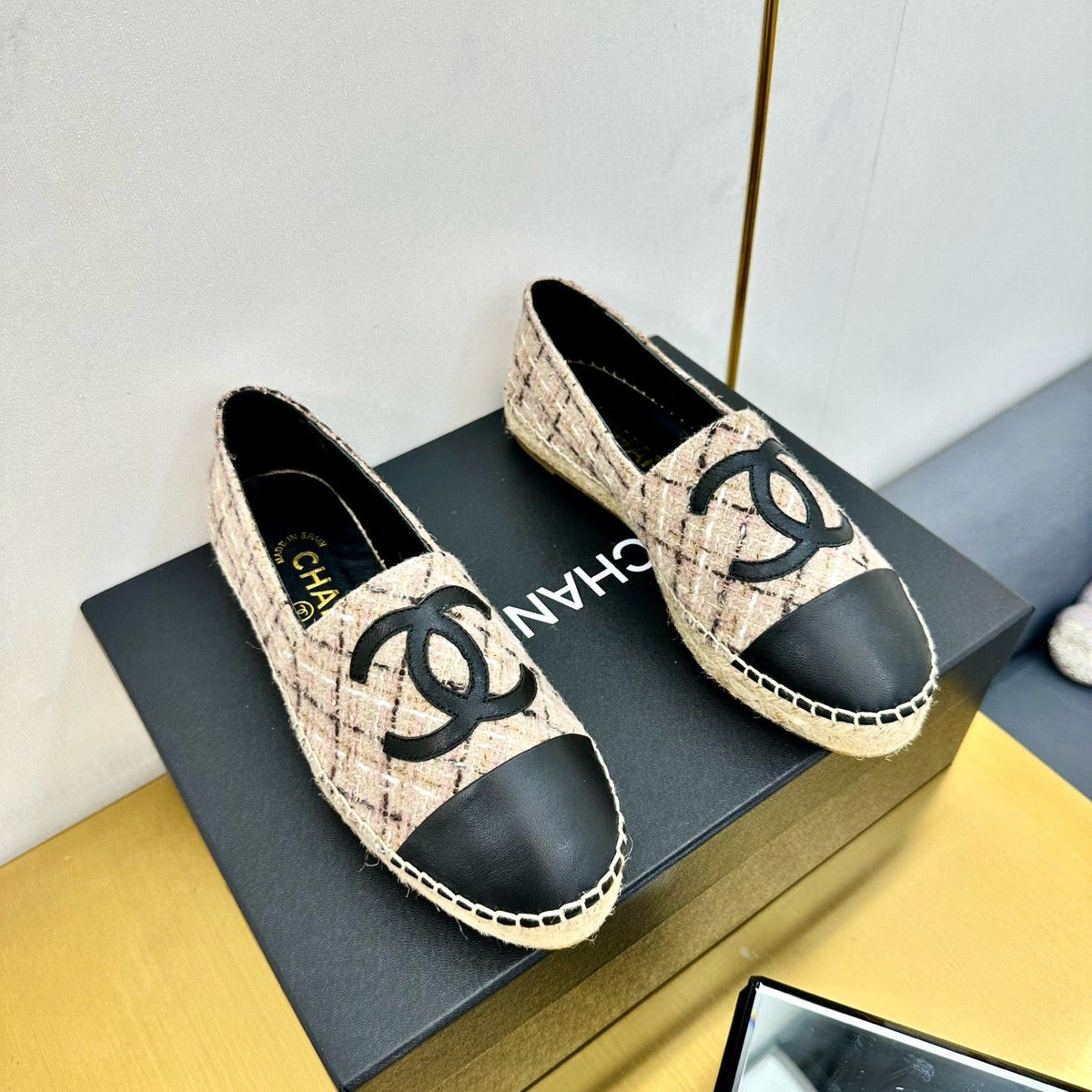 CC ESPADRILLES PLATFORM 25S IN LIGHT BEIGE TWEED MIX BLACK CALFSKIN WITH PLAID PATTERN