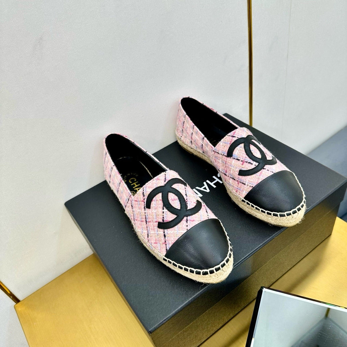 CC ESPADRILLES PLATFORM 25S IN PINK TWEED MIX BLACK CALFSKIN WITH LINED PATTERN