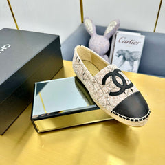 CC ESPADRILLES PLATFORM 25S IN LIGHT BEIGE TWEED MIX BLACK CALFSKIN WITH LINED PATTERN