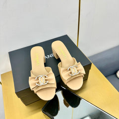 BOWKNOT RHINESTONES MID HEEL MULE IN FLAX YELLOW CALFSKIN