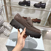 PRADA 25S THICK-SOLE LOAFERS 60 MM IN DARK BROWN SUEDE