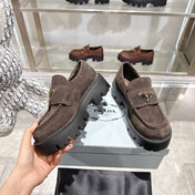 PRADA 25S THICK-SOLE LOAFERS 60 MM IN DARK BROWN SUEDE