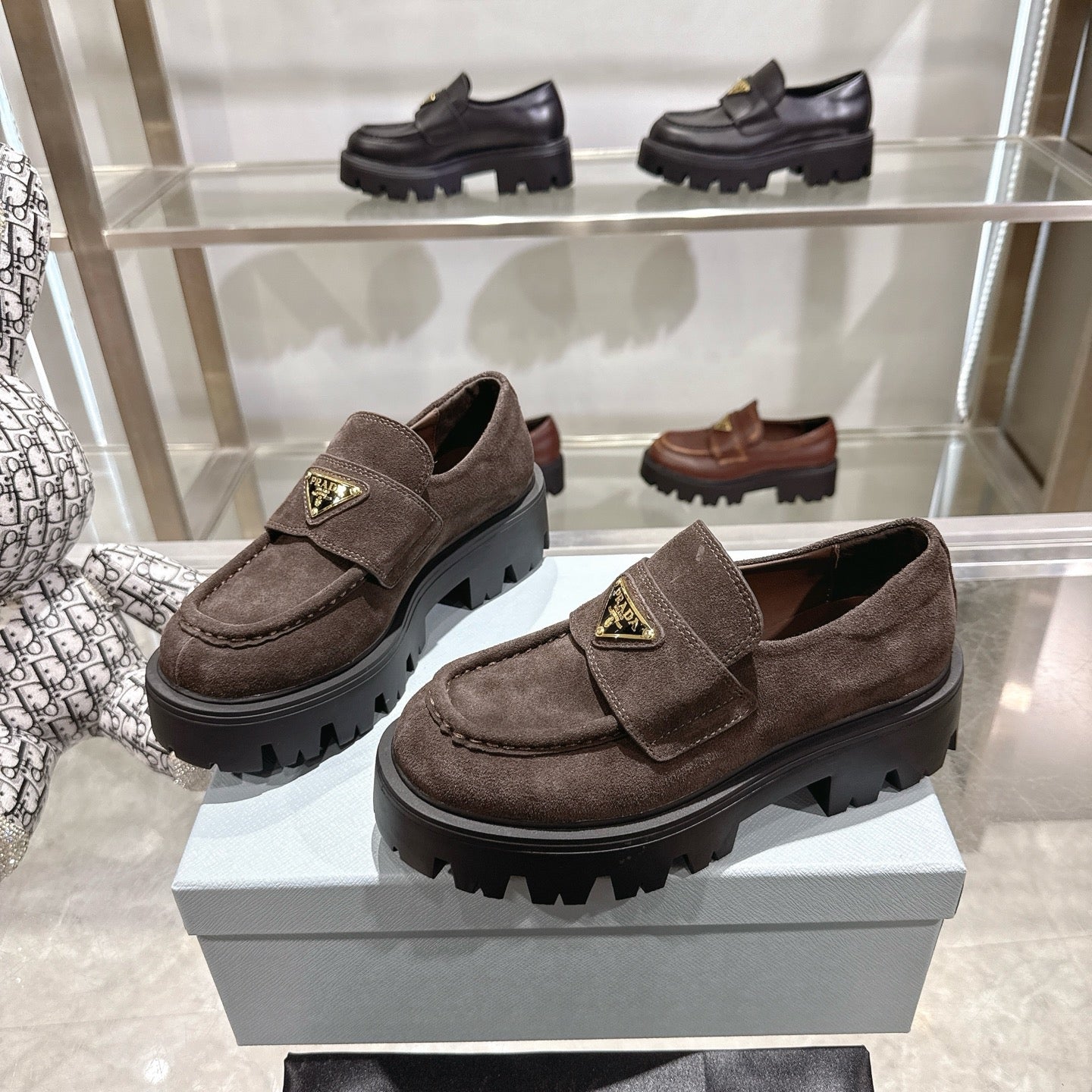 PRADA 25S THICK-SOLE LOAFERS 60 MM IN DARK BROWN SUEDE