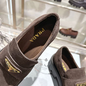 PRADA 25S THICK-SOLE LOAFERS 60 MM IN DARK BROWN SUEDE