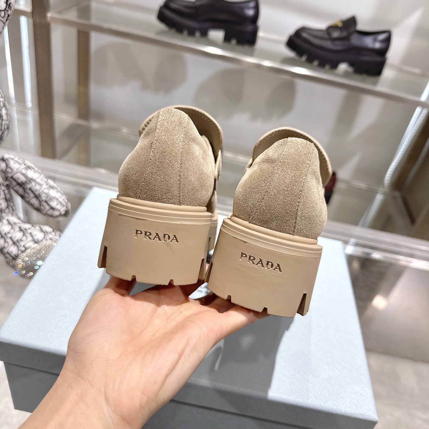 PRADA 25S THICK-SOLE LOAFERS 60 MM IN BEIGE SUEDE