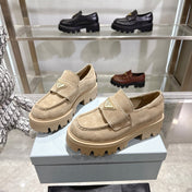 PRADA 25S THICK-SOLE LOAFERS 60 MM IN BEIGE SUEDE