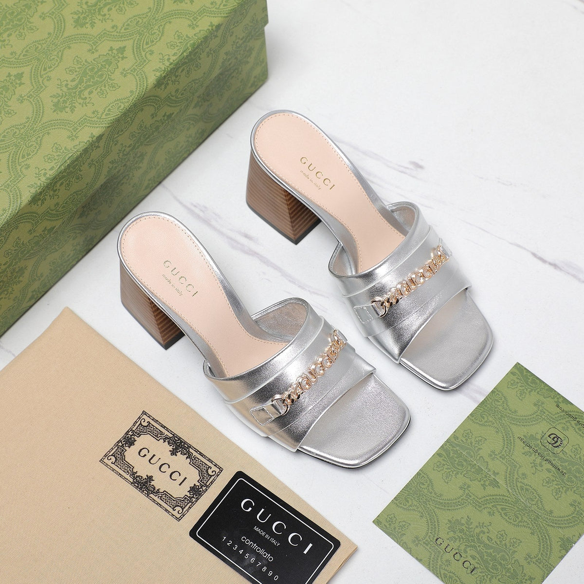 GG High Heels Half Slippers Silver