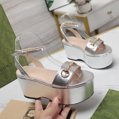 GG  Horsebit Wedges Sandals Silver