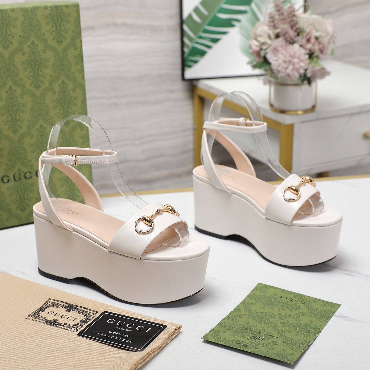 GG  Horsebit Wedges Sandals White