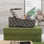 GG  Horsebit Wedges Sandals Grey