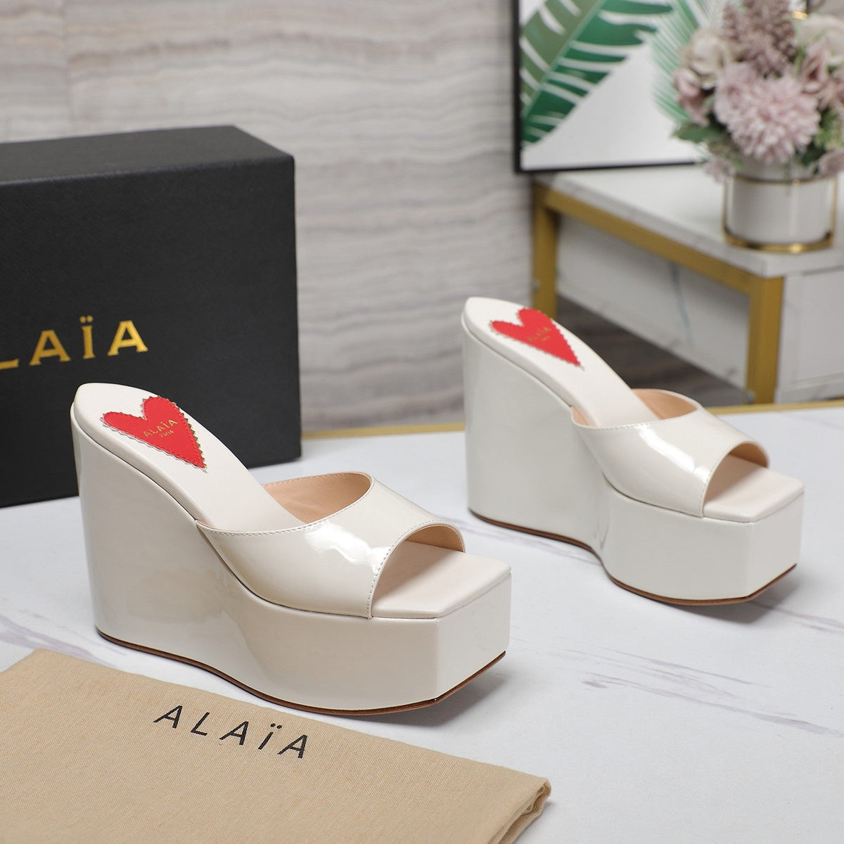 ALAIA PLATFORM WEDGE IN WHITE TAN LAMBSKIN WITH RED HEART