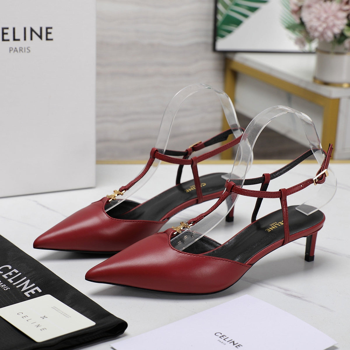 HIGH 5 CM SLINGBACK IN CHERRY RED CALFSKIN WITH GOLD LOGO