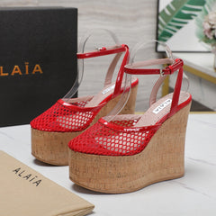 ALAIA WEDGE SANDAL IN CHERRY RED MESH AND BEIGE RUBBER