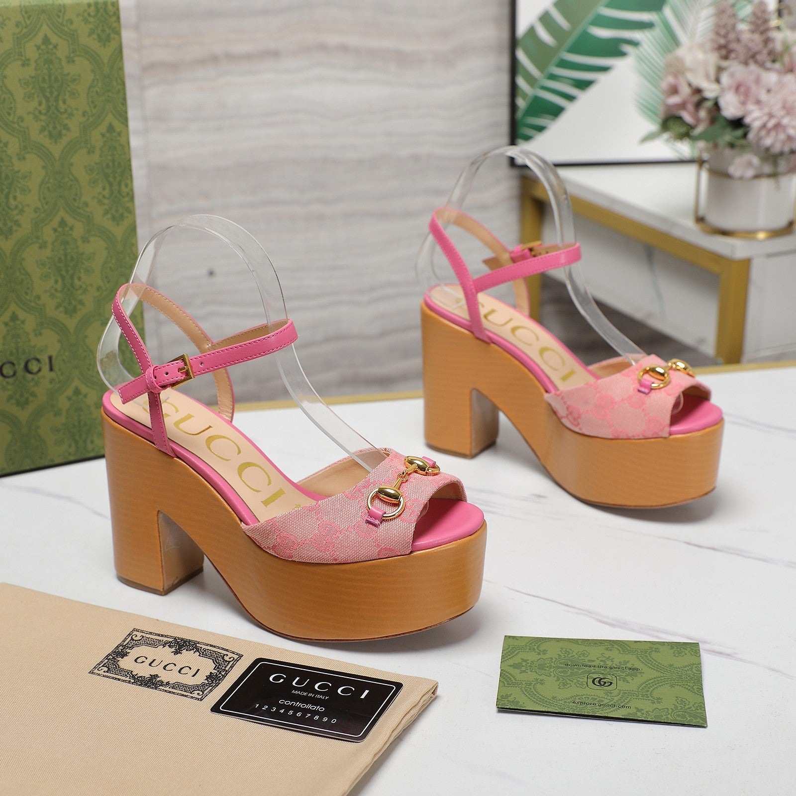 GG HORSEBIT WEDGE SANDAL IN PINK MONOGRAM JACQUARD FABRIC AND SHEEPSKIN LINING
