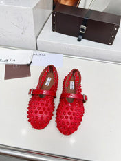 ALAIA MARY JANE SHOES IN CHERRY RED STUDDED FISHNET MESH AND CALFSKIN
