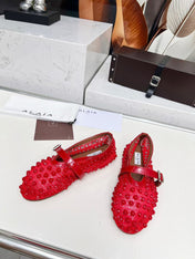 ALAIA MARY JANE SHOES IN CHERRY RED STUDDED FISHNET MESH AND CALFSKIN