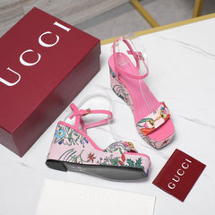 GG WEDGE HEEL SANDALS 100 IN PINK FABRIC FLORAL PRINT