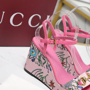 GG WEDGE HEEL SANDALS 100 IN PINK FABRIC FLORAL PRINT