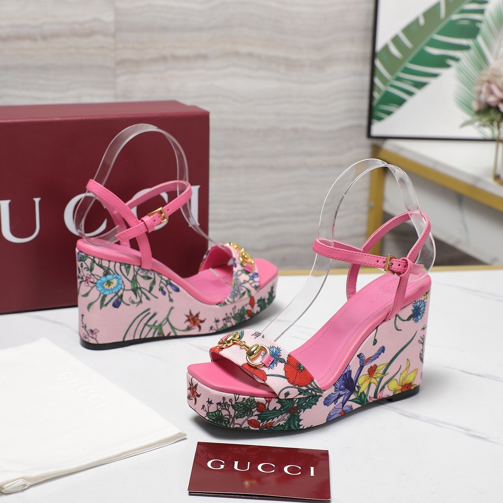 GG WEDGE HEEL SANDALS 100 IN PINK FABRIC FLORAL PRINT