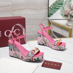 GG WEDGE HEEL SANDALS 100 IN PINK FABRIC FLORAL PRINT