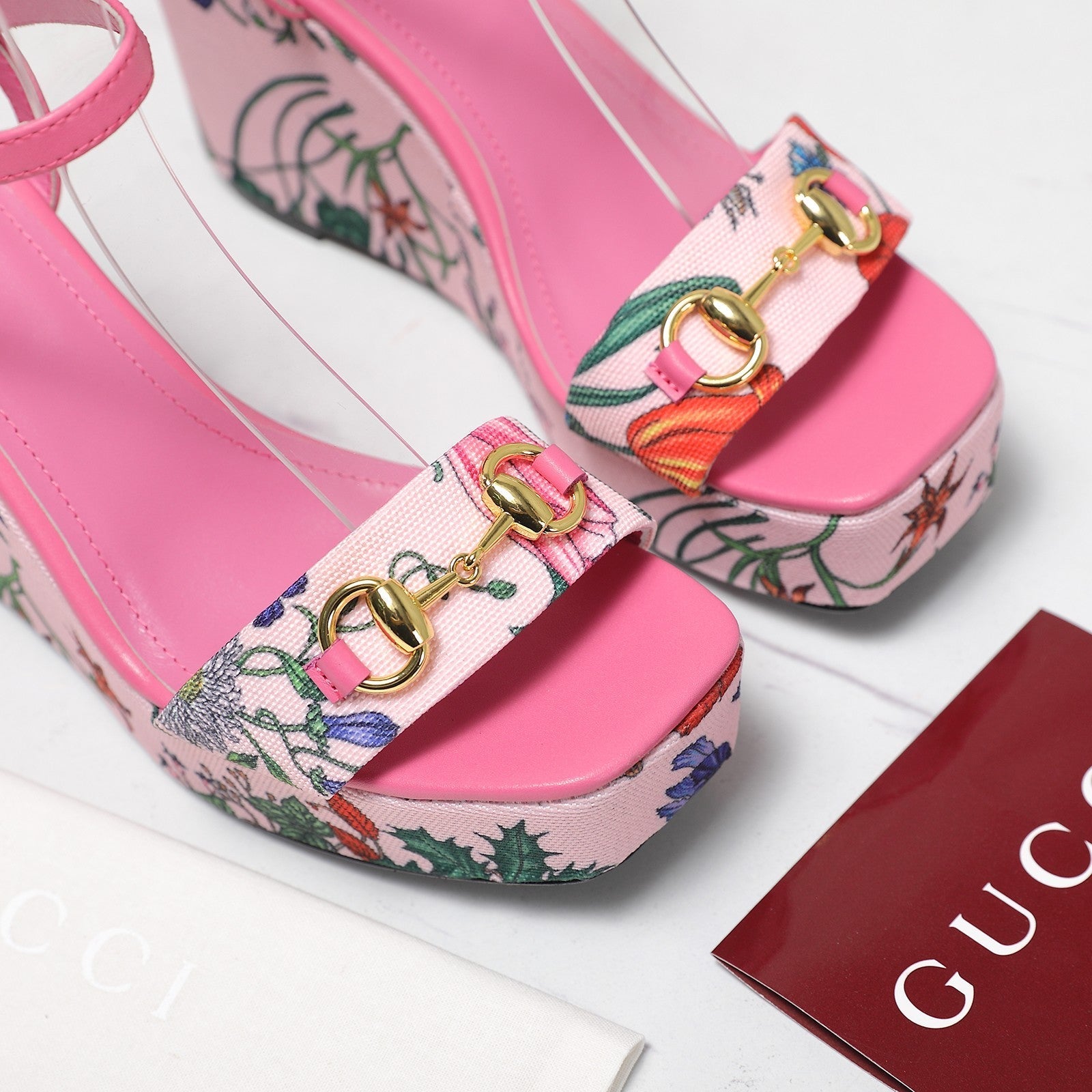 GG WEDGE HEEL SANDALS 100 IN PINK FABRIC FLORAL PRINT