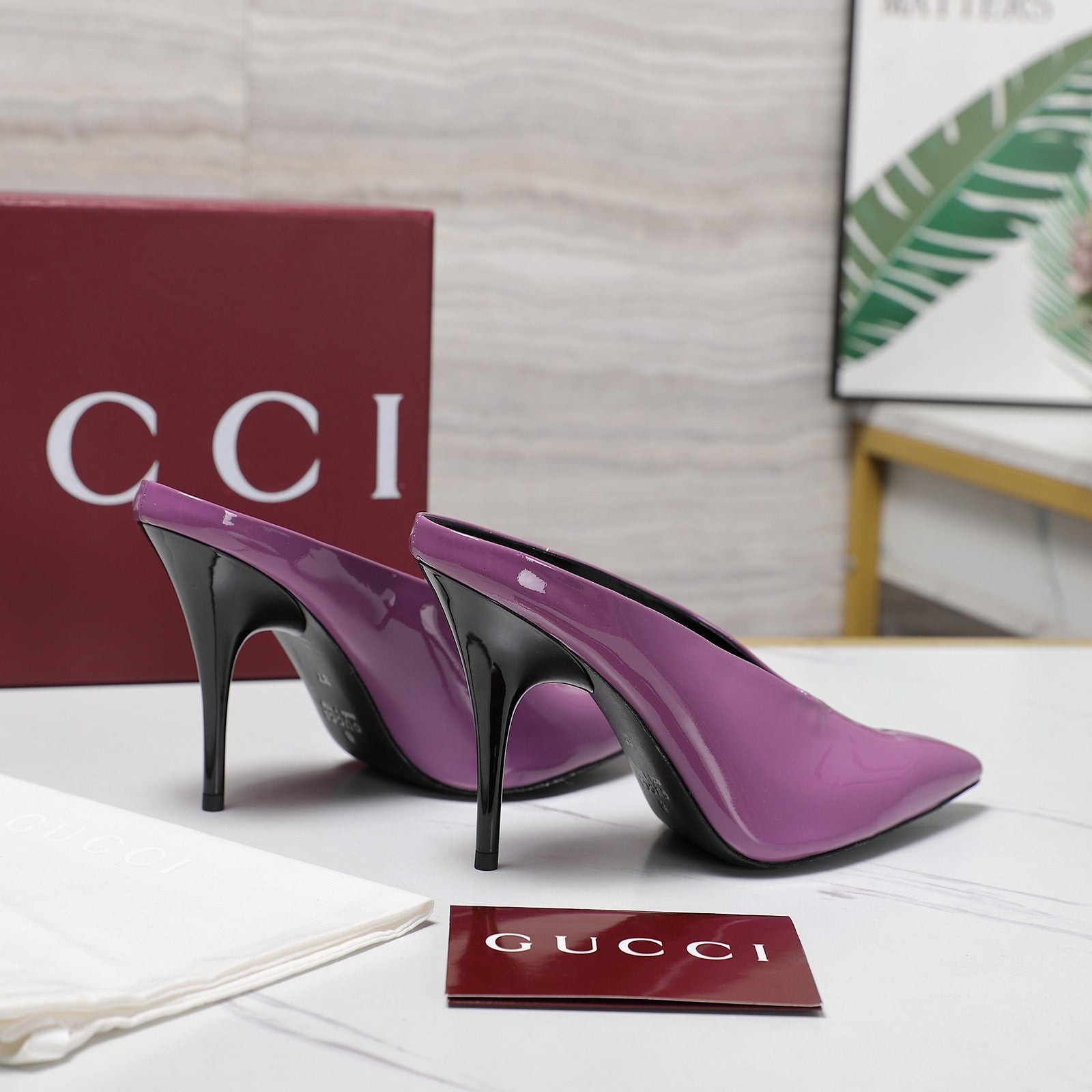 GG HEELED MULES 105 IN PURPLE CALFSKIN