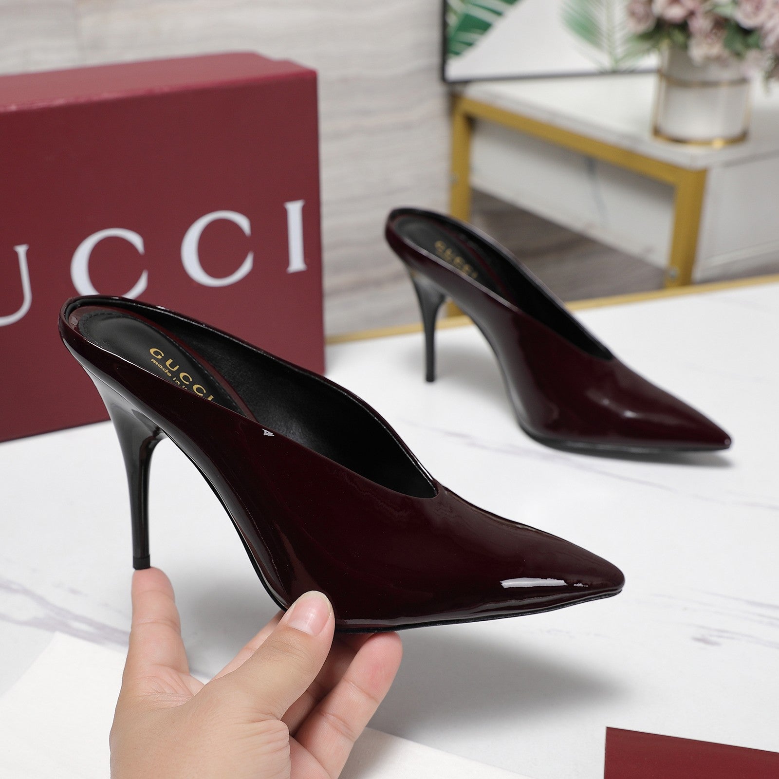 GG HEELED MULES 105 IN DARK RED CALFSKIN