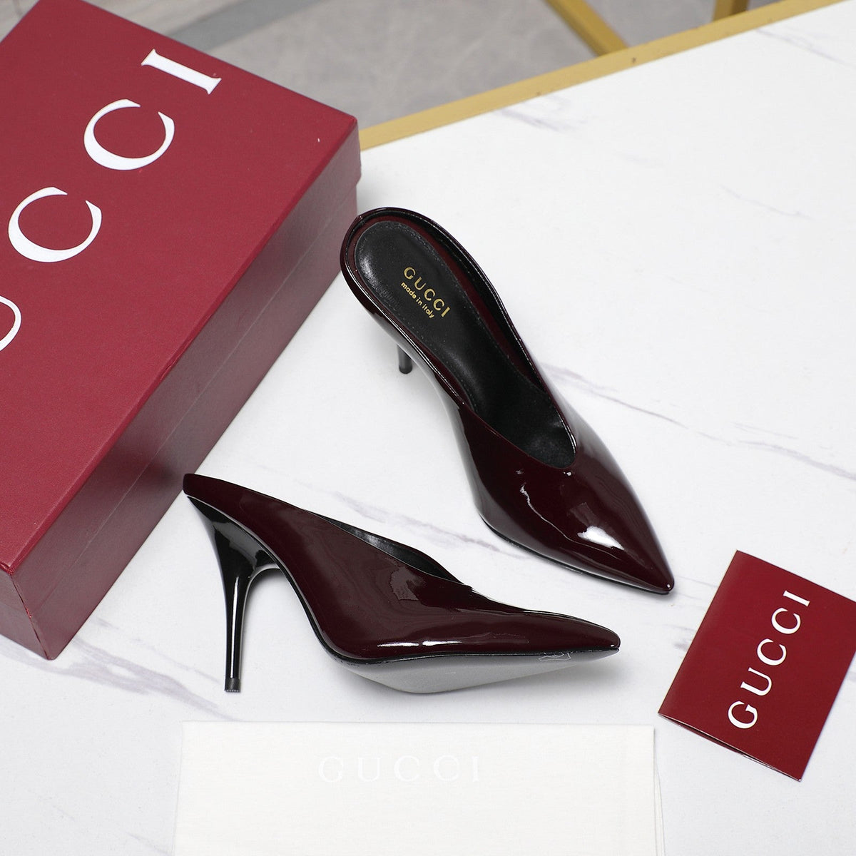 GG HEELED MULES 105 IN DARK RED CALFSKIN