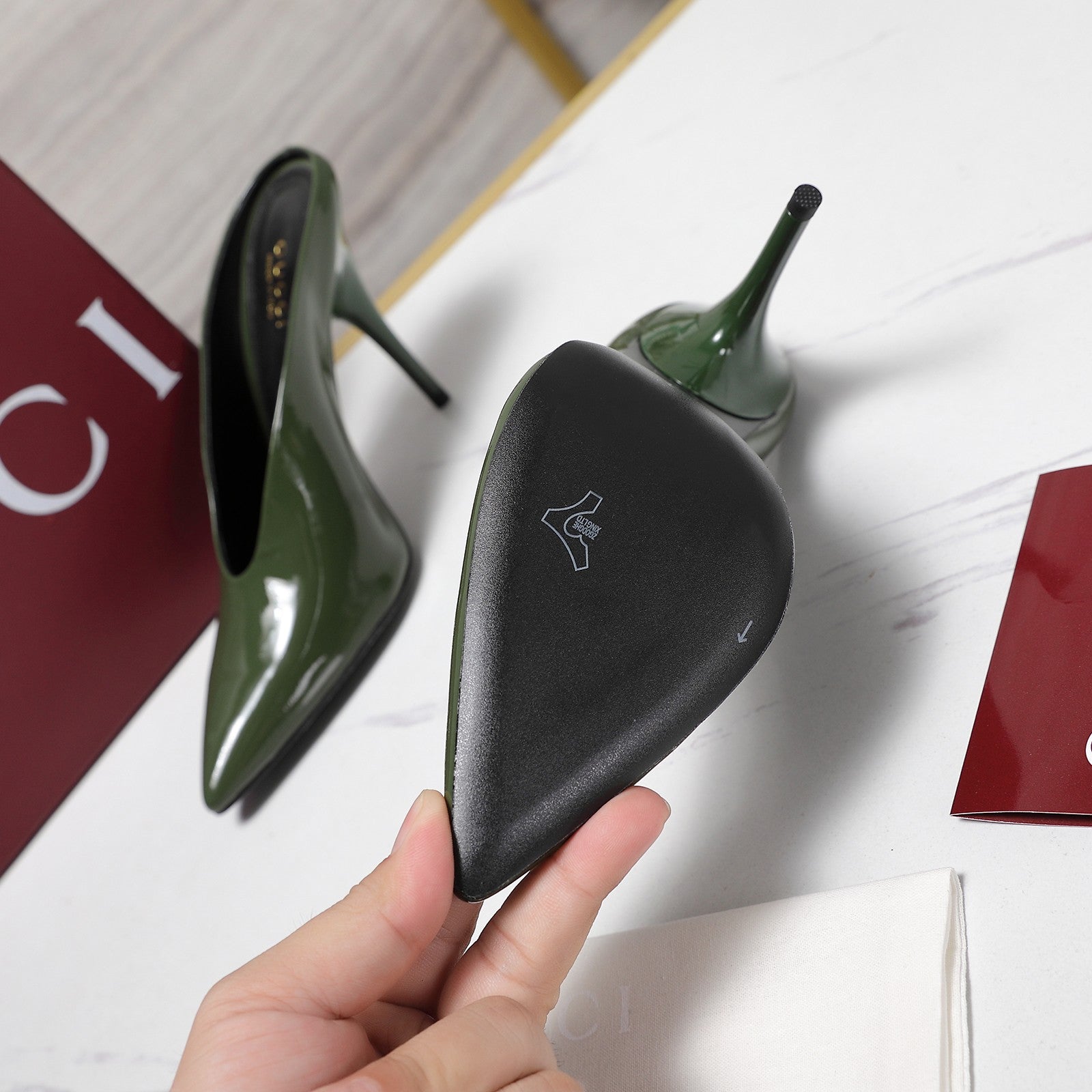 GG HEELED MULES 105 IN ARMY GREEN CALFSKIN