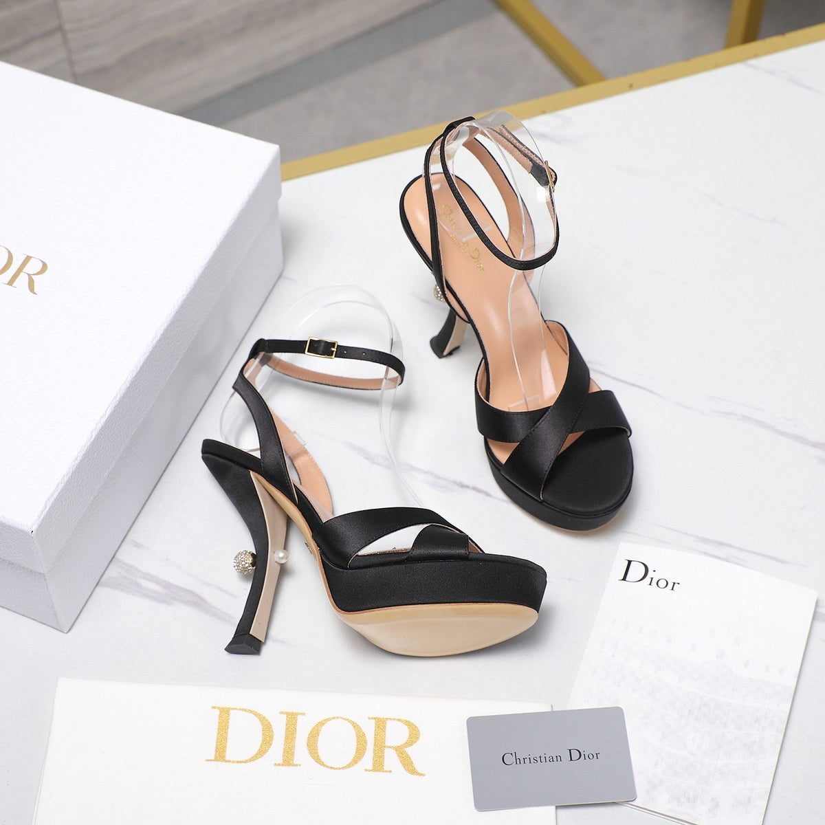 DIOR PEARL-EMBELLISHED HIGH HEEL SANDALS 25S 115 MM IN BLACK SATIN