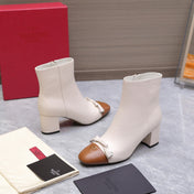 VALENTINO 25S VALET DU ROI ANKLE BOOTS 60 MM IN CREAM WHITE MIX BROWN CALFSKIN WITH BOW