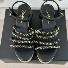 Double C Wooden Chain Platform Block Heel Sandals Black
