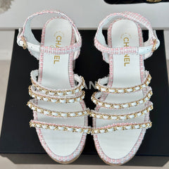 Double C Wooden Chain Platform Block Heel Sandals Blush Pink/ White