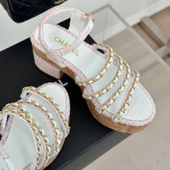 Double C Wooden Chain Platform Block Heel Sandals Blush Pink/ White