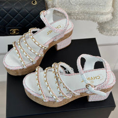 Double C Wooden Chain Platform Block Heel Sandals Blush Pink/ White