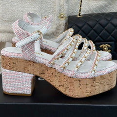 Double C Wooden Chain Platform Block Heel Sandals Blush Pink/ White