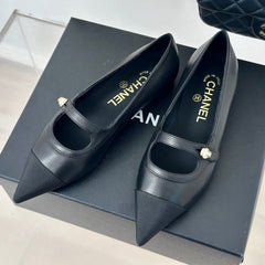 Double C Milan Runway Pointed Toe Mary Jane Shoes Black Lambskin