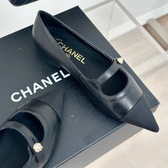 Double C Milan Runway Pointed Toe Mary Jane Shoes Black Lambskin