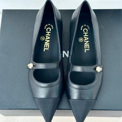 Double C Milan Runway Pointed Toe Mary Jane Shoes Black Lambskin
