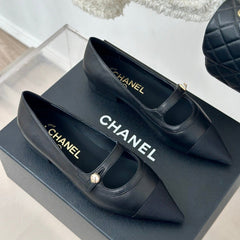 Double C Milan Runway Pointed Toe Mary Jane Shoes Black Lambskin