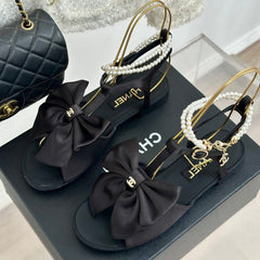 Double C Big Bow Pearl Chain Sandals Black Lambskin