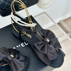 Double C Big Bow Pearl Chain Sandals Black Lambskin